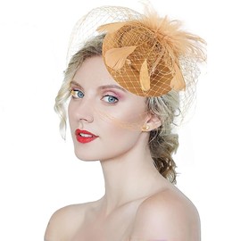 Women's 20s 50s Mesh Veil Feather Pillbox Fascinator Hat for Wedding Tea Party Kentucky Durby Funeral Fascinators with Headband and Clip Gold
