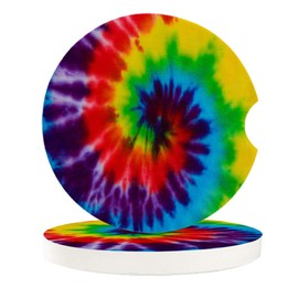 Vibiliyou Set of 2 Pack Easy Removal of Auto Cup Holders Ethnic Rainbow Car Coasters,Tie-dye Pattern Durable Absorbent Ceramics Car Accessories,Ideal for Housewarming,Kitchen and Bar Decor