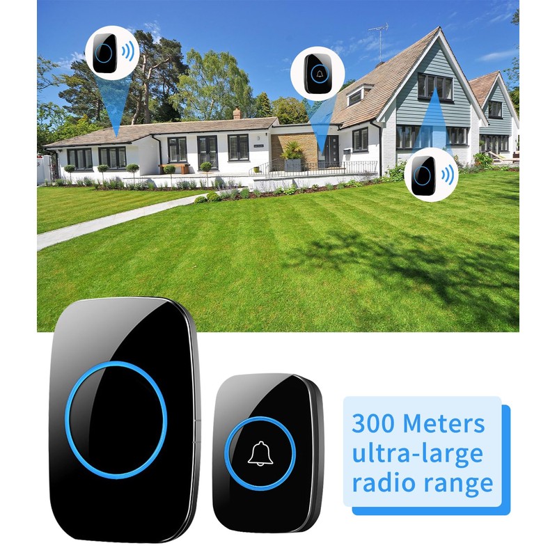 Waterproof Wireless Doorbell Kit, 300m Wireless Range Front Doorbell with