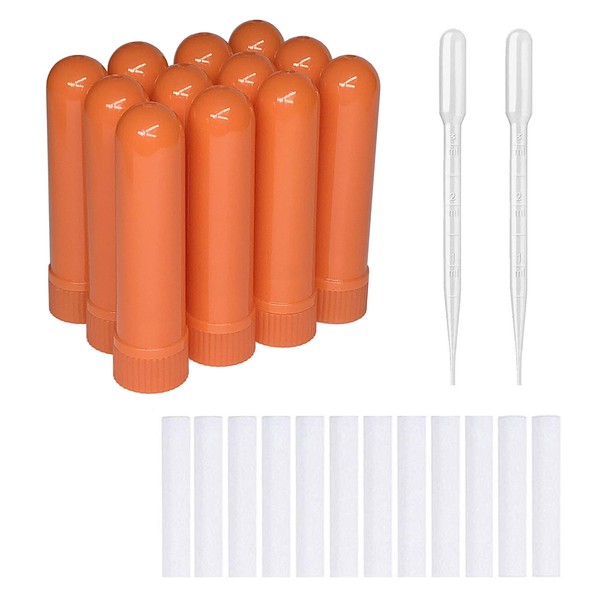 zison 12 juegos de tubos de aromaterapia de aceite esencial (naranja) inhaladores nasales en blanco (12 varillas completas) + 2 goteros de pipeta de polietileno