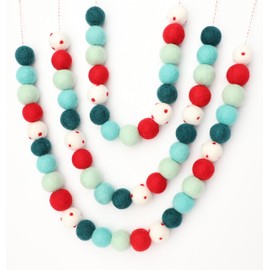 Christmas Felt Garland Pom Ball 100% Wool 10' String 60 Poms Green Red Holiday Bright Boho Decor Mantel Hanging Seasonal Banner Craft Colorful Cute Wall Party Decoration | Mini Felt Factory