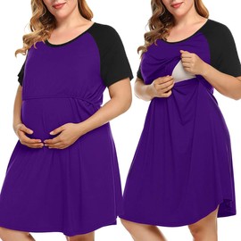 MONNURO Women's Plus Size Nursing Dress Short Sleeve Color Block Labor Delivery Maternity Nightgown Dress for Breastfeeding(Deep Purple,4X)
