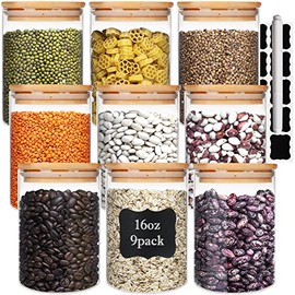 Glass Food Storage Containers Jars with Airtight Bamboo Lid 16oz 9pcs, 490ml Pantry Organization Jar, Glass Terrarium with Lid, Spice, Tea, Flour and Sugar Container, Canister Set for Kitchen Counter