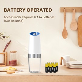 KIARYUOLL Gravity Electric Salt And Pepper Grinder Set, Automatic Salt And Pepper Grinder Set, Battery Powered (6 AAA Batteries Each), Adjustable Roughness, LED Light, 2 Pack, (Black+White)