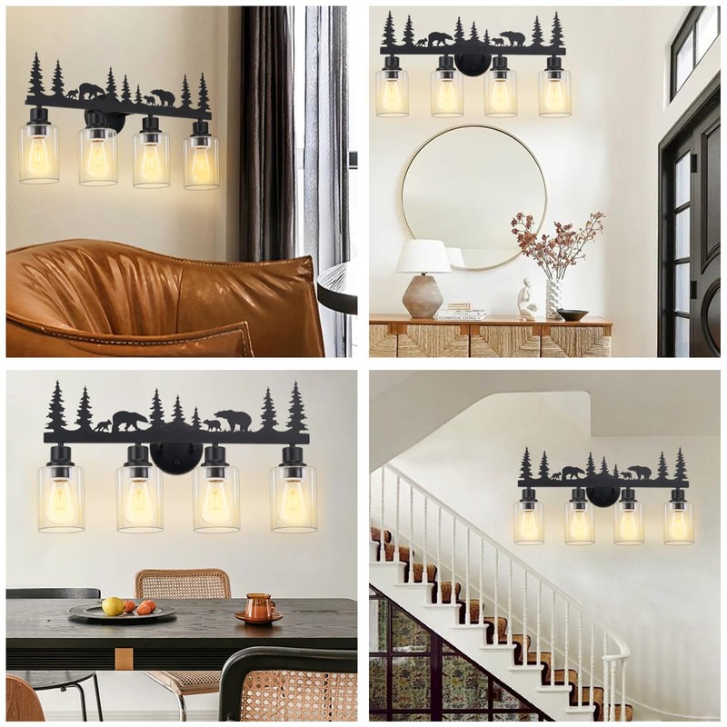 Monyohame Farmhouse Rustic Bear Bathroom Light Fixtures, 4-Light Black Vanity