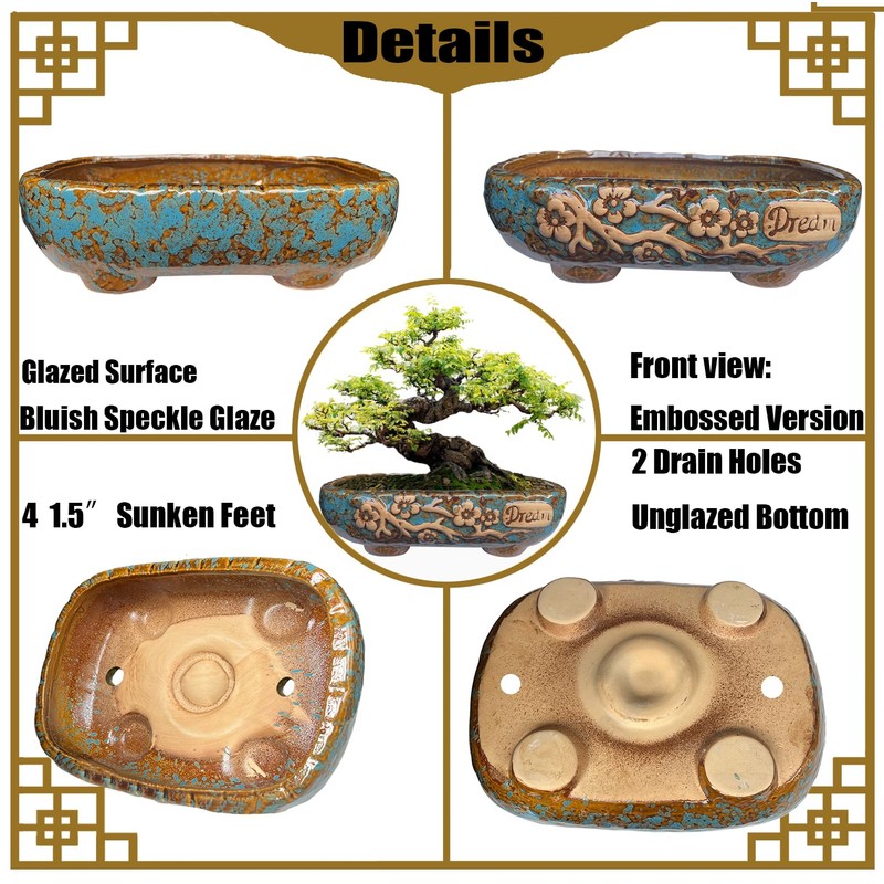 MUZHI 9.5” Rectangular Ceramic Rustic Bonsai Planter Pots with Drip
