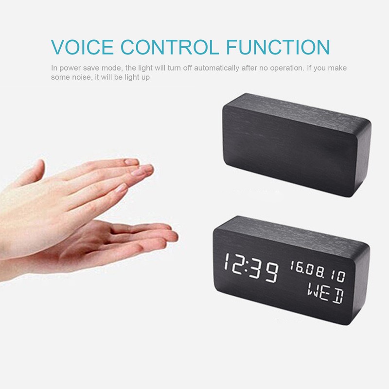 Desk Wooden Alarm Clock with Voice Control Date Temperature Adjustable