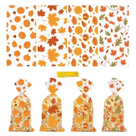 Jocomoni 100PCS Thanksgiving Cellophane Treat Bags, Clear Plastic Goodie Candy Bag with Twist Ties for Thanksgiving Fall Birthday Party Favor Supply（4 Style）