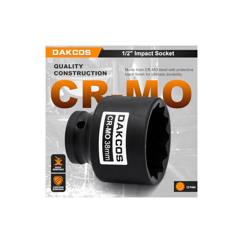 DAKCOS 1/2" Drive 38mm Socket 12 Ponit Impact Wrench Socket