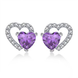 Qings February Birthstone Amethyst Stud Earrings 925 Sterling Silver Hollow Double Heart Purple CZ Dainty Birthdays Gifts for Girlfriend Daughter