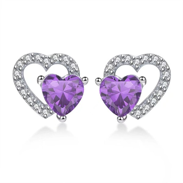 Qings February Birthstone Amethyst Stud Earrings 925 Sterling Silver Hollow