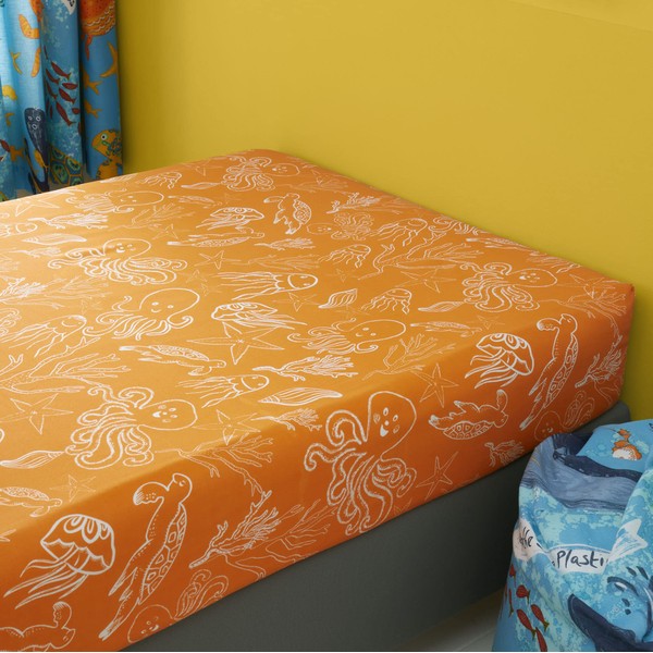 Happy Linen Company Girls Boys Kids Ocean Friends Sealife Orange Toddler Cot Bed Fitted Sheet