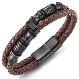 COOLSTEELANDBEYOND Men Double-Row Rough Rusty Brown Braided Leather Bracelet Bangle Wristband with Black Steel Ornament