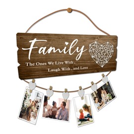 Buecasa Housewarming Gifts New Home Sign Decor- Family Wall Hanging Picture Frame with 6 Heart Clips 15.8x6.0 Inches