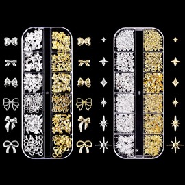 Gold Silver Star Bows Nail Charms, 2 Boxes Metal Nail Art Decoration, Alloy Glitter Stones Nail Gemstones Decoration for Nail Design Accessories (Gold + Silver B)