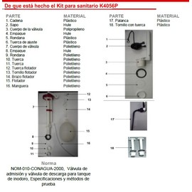 DICA, Juego Completo de Accesorios para W.C., Acabado Blanco, Rojo, Negro, Plastico, Polietileno, Hule, Válvula de Descarga con Sapo, K4056P