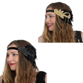 Yummy Bee - 1920s Flapper Feather Headpiece - Vintage 1920s Headband for Women - Great Gatsby Costume Accessories (Black/Gold)