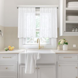 YoungsTex Linen Sheer Kitchen Curtains 40 Inch Length 2 Panels - Light Filtering Rod Pocket Small White Drapes with Embroidered Lace Pattern for Cafe/Bedroom/Rustic Modern, 2 Panels, 42 X 40 Inch