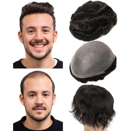 BEEOS 0.10mm Durable PU Skin Toupee for Men, 130% Medium Density Volume Human Hair Mens Hairpiece No Shed, 8x10 Inch Mens Hair Replacement System #1B Natural Black