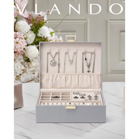 Vlando Accessory Case, 2 Layers, Large Capacity, Jewelry Box, Removable Jewelry Tray, Necklace, Earrings, Rings, Bracelets, Women, Present, Birthday, Gift (Gray)