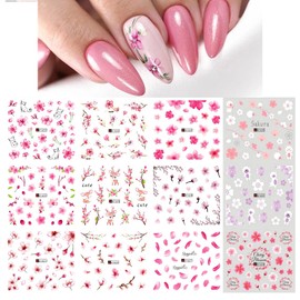 MWOOT 12 Sheets Cherry Blossom Nail Stickers, Nail Stickers Water Transfer Sticker Decal Set, Nail Tattoo Stickers for DIY Nail Tip Design