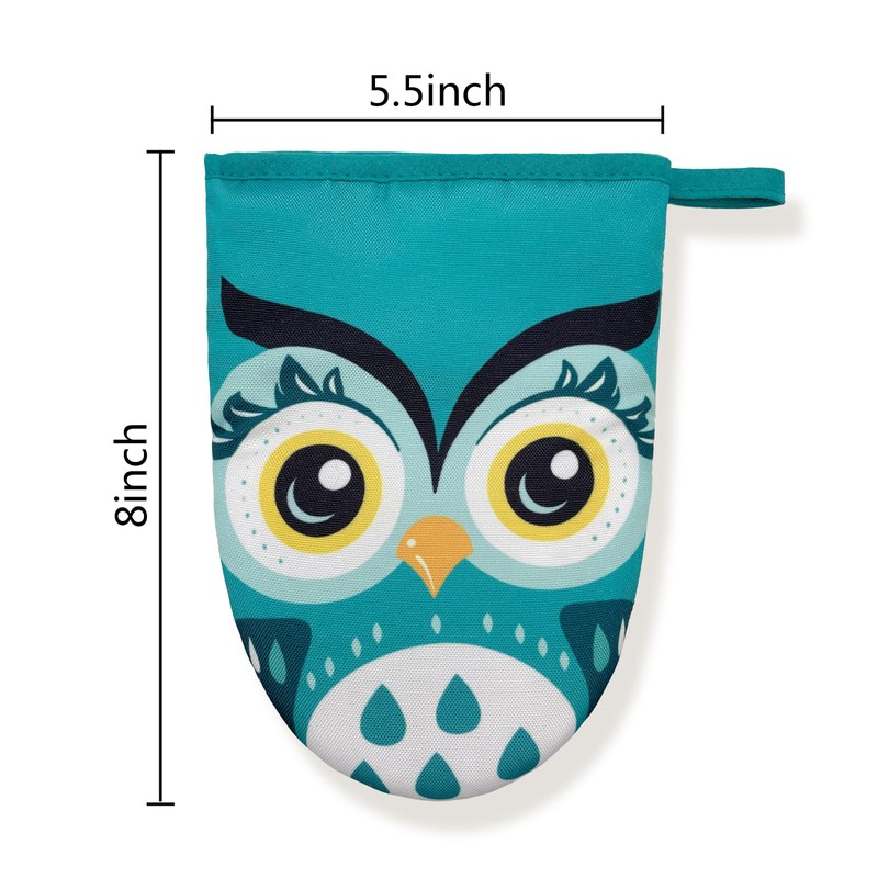 Owl Cute Green Teal Mini Silicone Oven Mitts, Heat Slip