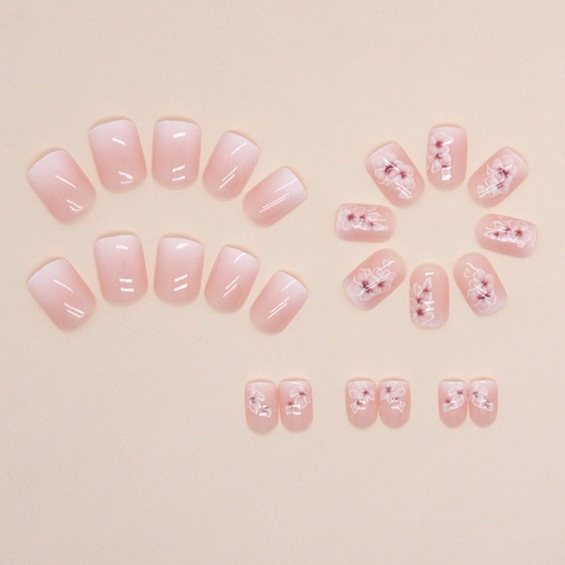 AZPEPSI Flower Press on Nails Short Square Fake Nails Pink