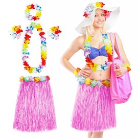 Aomig Hawaiian Grass Skirt Set, 5PC Hawaiian Garlands, Tropical Fancy Dress Hawaiian Headband Necklace Wristband Flower, Hawaiian Leis Set for Kids Adults Women Summer Beach Tropical Party(Pink-60cm)