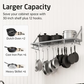 KES 30-Inch Silver Gray Pot Rack, Wall Mounted Hanging Pot and Pan Organizer with 12 Sturdy Hooks, Kitchen Wall Hanger Shelves Modern, KUR215S75A-SG