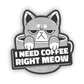 VulgrCo Cat Grumpy Cup I Need Coffee Right Meow Animal Funny Sticker Vinyl Waterproof UV Resistant Decal For Phones Laptops Water Bottles Tumblers Boats Cars Trucks Windows Kayak 3" inch Bumper Stickers