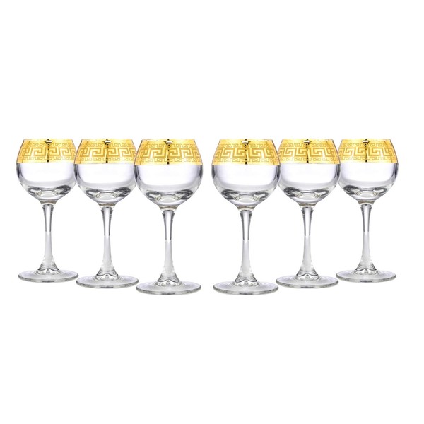 WORLD GIFTS 6-piece Gold Rimmed Sherry Liqueur Cordial Glasses - 2 Oz Greek Key Pattern Contemporary Drinkware