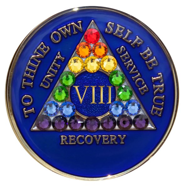 Sobriety Chip AA Rainbow Bling Crystallized Blue Triplate (8 Year)