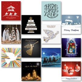 Charity Christmas Cards Pack of 24. Each Christmas Card multipack has 12 different Religious designs. Ecofriendly and UK made. Blank Inside. Large 150 x 150mm card size.