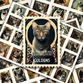 Post Stamps Stickers Set ~ Art Deco Cat Stamp Collection Featuring Stylish and Geometric Feline Portraits with Sophisticated Designs ~ FLONZ Vintage Decals for Craft