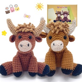 Highland Cow Crochet Kit for Beginners Intermediates - 2 Pcs Animals Craft Crochet Starter Kit with Step-by-Step Video Tutorial, Easy Knitting Set for Adults Kids, Women Learn to Crocheting Gift Idea