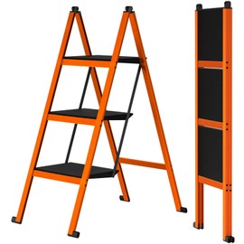 Ainai 3 Step Ladder,Aluminum Ultra Thin Folding Step Stool,400 Lbs Capacity Heavy Duty with Anti-Slip Sturdy and Wide Tread,Closet Slim Step for Home,Kitchen and Office,Space Saving (Orange, 3-Step)