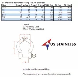 US Stainless Stainless Steel 316 Bow Shackle with Locking Pin (1/2" 12mm)