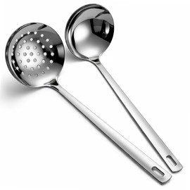 Berglander Strainer Ladle and Soup Ladle 2 Pieces, Stainless Steel Slotted Ladle Skimmer Ladle Kitchen Spoon of Pasta/Cooking/Roasting, Serving Soup/Sauce, Metal Kitchen Utensils