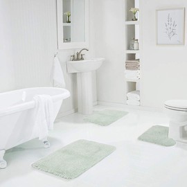 Walensee Shaggy 2 Piece Bath Rug Sets (Pale Green) 20 x 24 U Shape Contour Rug & 20 x 32 Bathroom Rug Machine Wash/Dry Bath Mats for Bathroom Plush Absorbent Bathroom Rugs and Mats Set Non Slip