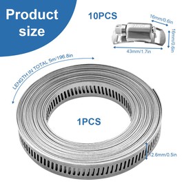 16.4 Feet Tube Clips with 10 Fastener, Stainless Steel Jubilee Clips Large Adjustable Clamp Worm Jubilee Clip Stainless Steel Hose Clamps for Pipe Plumbing Tube and Fuel Line