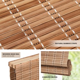 LazBlinds No Tools No Drill Cordless Bamboo Roman Shades, Light Filtering Window Treatment, Roll Up Bamboo Blinds for Windows 20'' W x 64'' H, Brown
