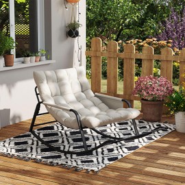 NUGYK Oversized Outdoor Rocking Chair, Papasan Chair with Comfy Padded Cushions & Side Pocket, for Patio Garden, Porch, Lounge, Indoor, Beige