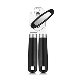 Can Opener Manual Handheld Strong Manual Can Opener Smooth Edge Cut, Can Opener Heavy Duty, Comfortable Soft Handle, Built-in Bottle Opener, Black