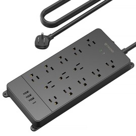 TROND Regleta de Alimentación, Regleta Protectora contra sobretensiones, 1.5M Extension Cord &13 Widely-Spaced Outlets Expansion with 4 USB Ports(1 USB C), Wall Mountable, ETL Listed
