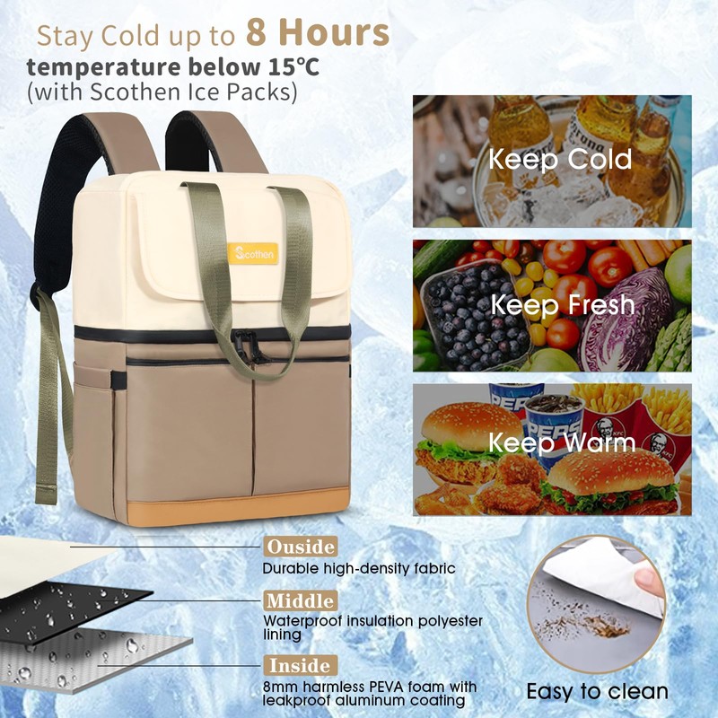 Scothen Backpack Cooler with Double Decker & 12 Ice Packs-