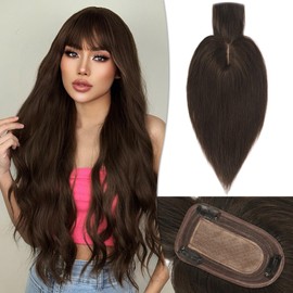 RUWISS Real Hair Topper for Women, Crown Toppers with Fringe, Short Wigs, Hairpieces for Thin Hair, 7.5 x 13 cm, Silk Base, 100% Real Human Hair Clip in Topper, 35 cm, 45 g (Dark Brown)