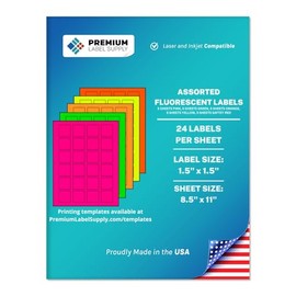 Premium Label Supply Bright Neon Color Fluorescent Sticker Labels - 1.5" x 1.5" Square Labels - (Assorted Fluorescent, 600 Labels)