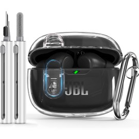 【with Safety Lock】 for JBL Vibe Beam Case Cover/JBL Vibe 200TWS with Cleaner Kit, TPU Transparent Hard Case Men Women with Keychain Compatible for JBL Vibe 200TWS & JBL Vibe Beam - Clear White