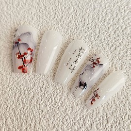 Flower and Bird Handmade Nail Tips - Long Point / 화조화 수제네일팁 - 롱포인트