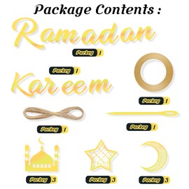 Tuofang 3pcs Ramadan Garland, Ramadan Islam Banner Decoration, Eid Mubarak Decoration, Gold Star Moon Ramadan Decorations, Eid Mubarak for Eid Festival Party